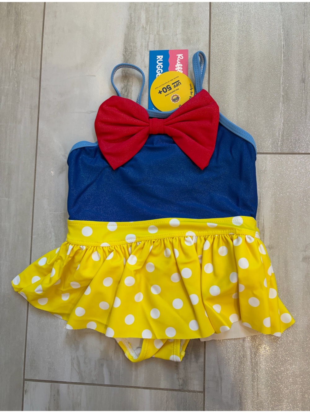 NWT RuffleButts Apple Princess Big Bow Yellow Polka Dot Skirted Swimsuit 18-24M